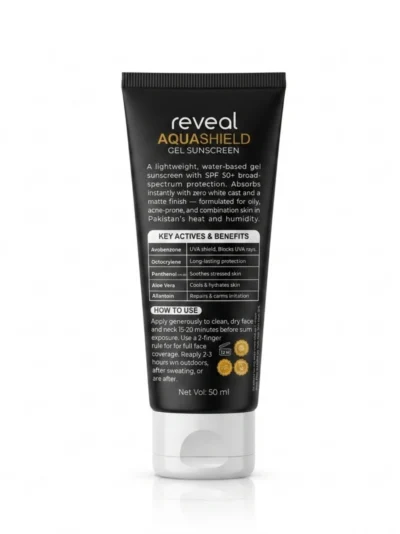 Reveal AquaShield SPF 50+ broad spectrum gel sunscreen for face — lightweight, non-greasy, invisible finish for Pakistani skin
