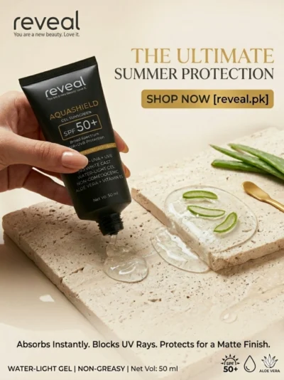 Reveal AquaShield Gel Sunscreen SPF 50+ 70ml tube — best gel sunscreen in Pakistan with no white cast for oily and acne-prone skin