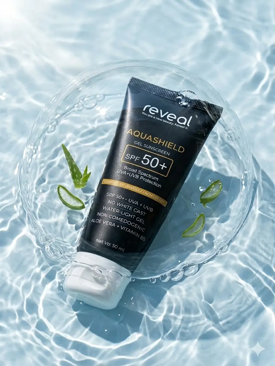 Reveal AquaShield SPF 50+ gel sunscreen tube floating in water with aloe vera leaves