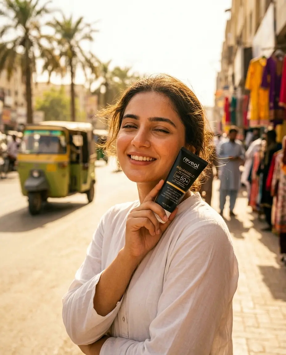 Woman holding Reveal AquaShield SPF 50+ gel sunscreen tube in a Pakistani street market setting
