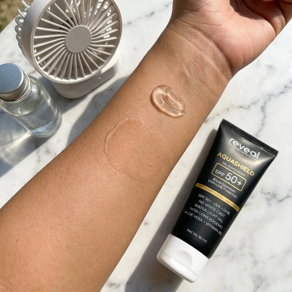 Reveal AquaShield SPF 50+ gel sunscreen texture swatch on skin showing lightweight water-based formula