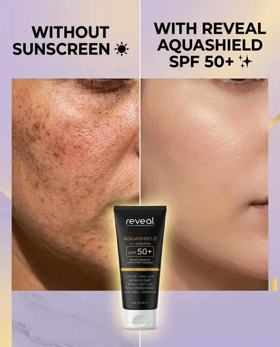 Skin comparison without sunscreen versus with Reveal AquaShield SPF 50+ showing dark spots and even tone