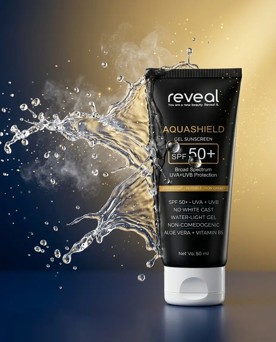 Reveal AquaShield SPF 50+ gel sunscreen tube with water splash effect on gold background