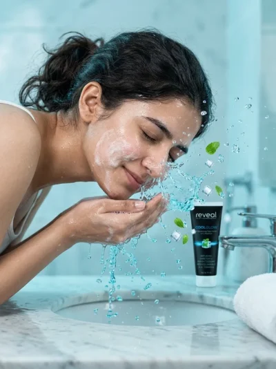 Best brightening face wash in Pakistan - woman washing face with Reveal CoolGlow menthol face wash 60ml