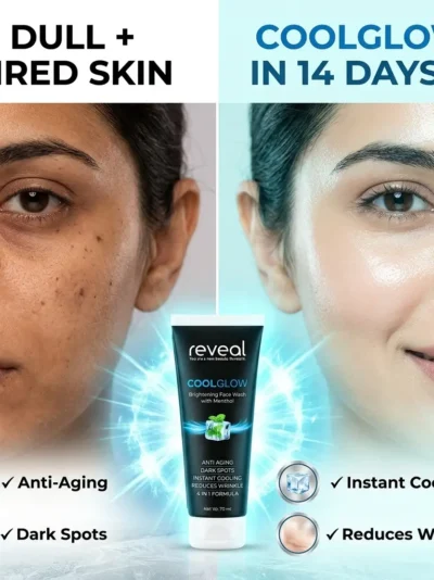 Brightening face wash results in Pakistan - dull tired skin before and glowing skin after 14 days with Reveal CoolGlow