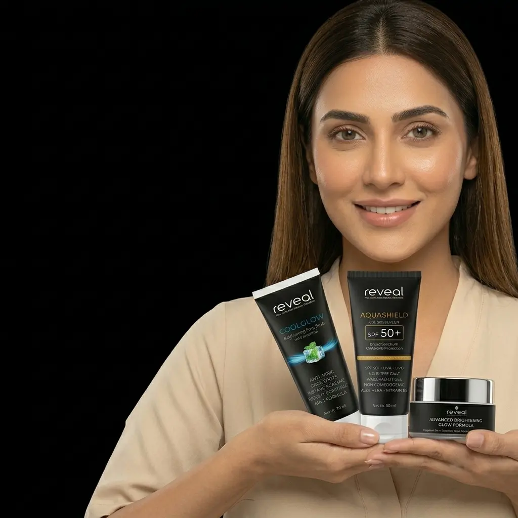 Best skincare products in Pakistan - Reveal AquaShield SPF 50 sunscreen, CoolGlow face wash and Lumiglow brightening cream with Pakistani model