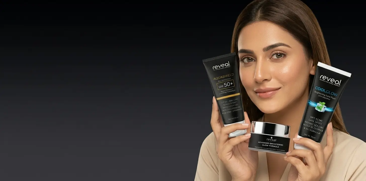 Best skincare products in Pakistan - Reveal AquaShield SPF 50 sunscreen, CoolGlow face wash and Lumiglow brightening cream with Pakistani model