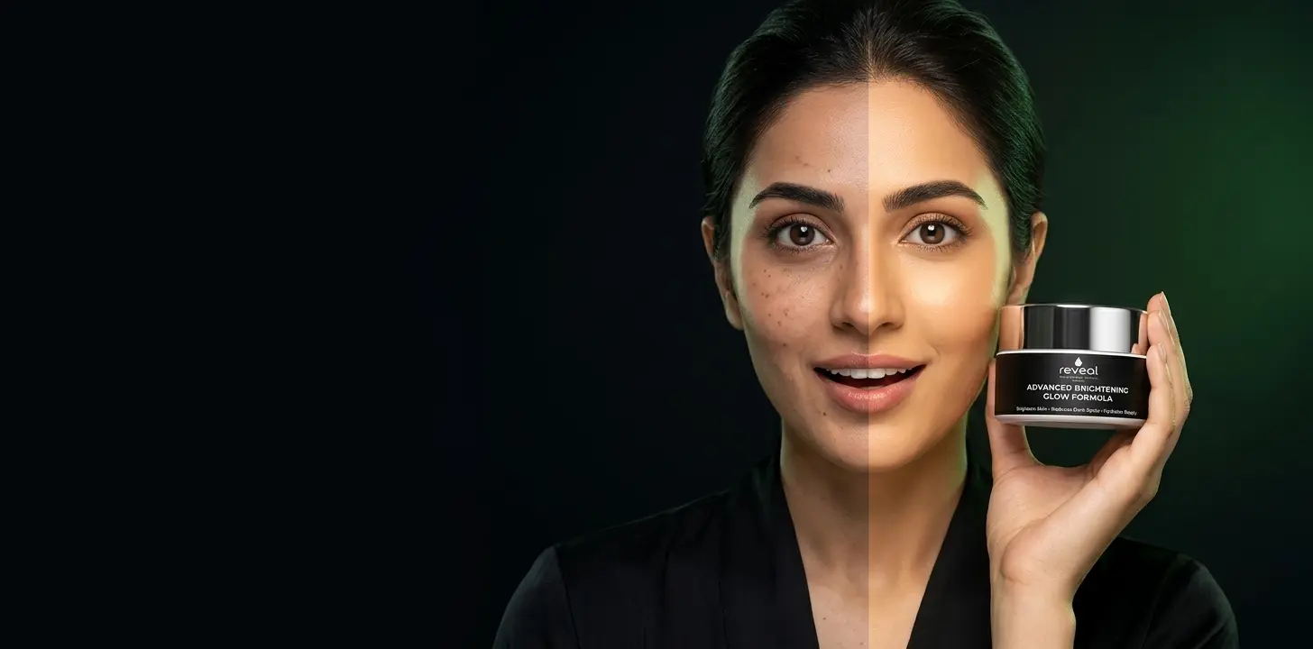 Reveal Lumiglow Brightening Cream before after dark spots treatment Pakistan steroid free brightening cream Pakistani skin