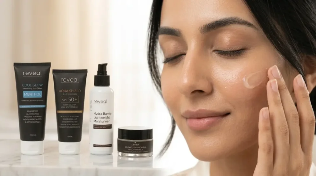Woman holding Reveal Hydra Barrier moisturizer and brightening cream with AquaShield sunscreen and CoolGlow face wash 4 step skincare routine for oily skin and dark spots Pakistan