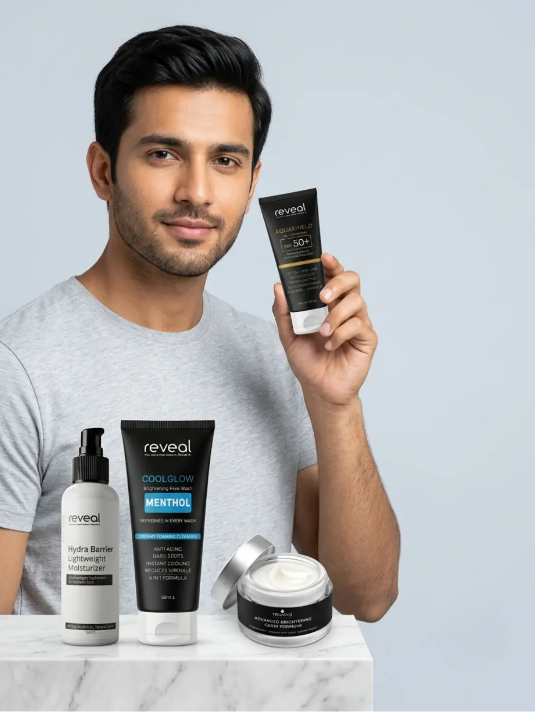Pakistani man holding Reveal AquaShield SPF 50 sunscreen with CoolGlow face wash Hydra Barrier moisturizer and brightening cream skincare routine for men Pakistan