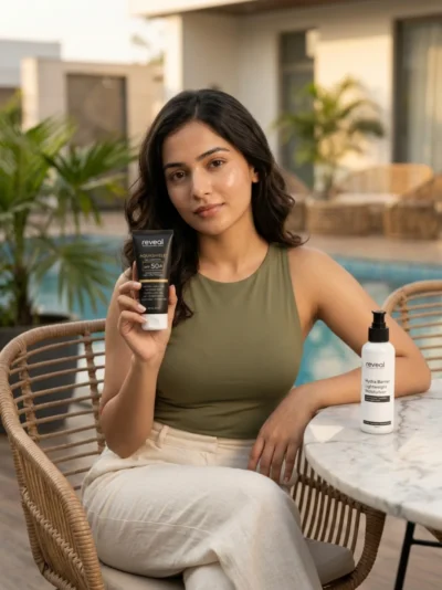 Applying Reveal AquaShield SPF 50+ sunscreen with Hydra Barrier moisturizer, moisturizer sunscreen bundle Pakistan