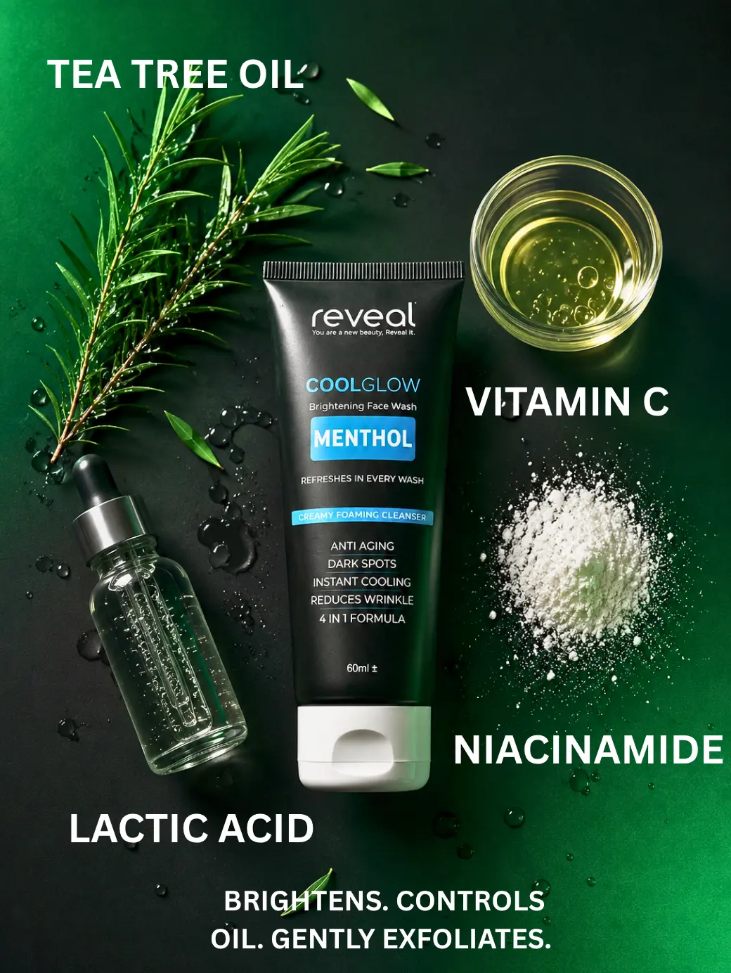 CoolGlow face wash ingredients, Vitamin C, Niacinamide, Tea Tree Oil, Lactic Acid