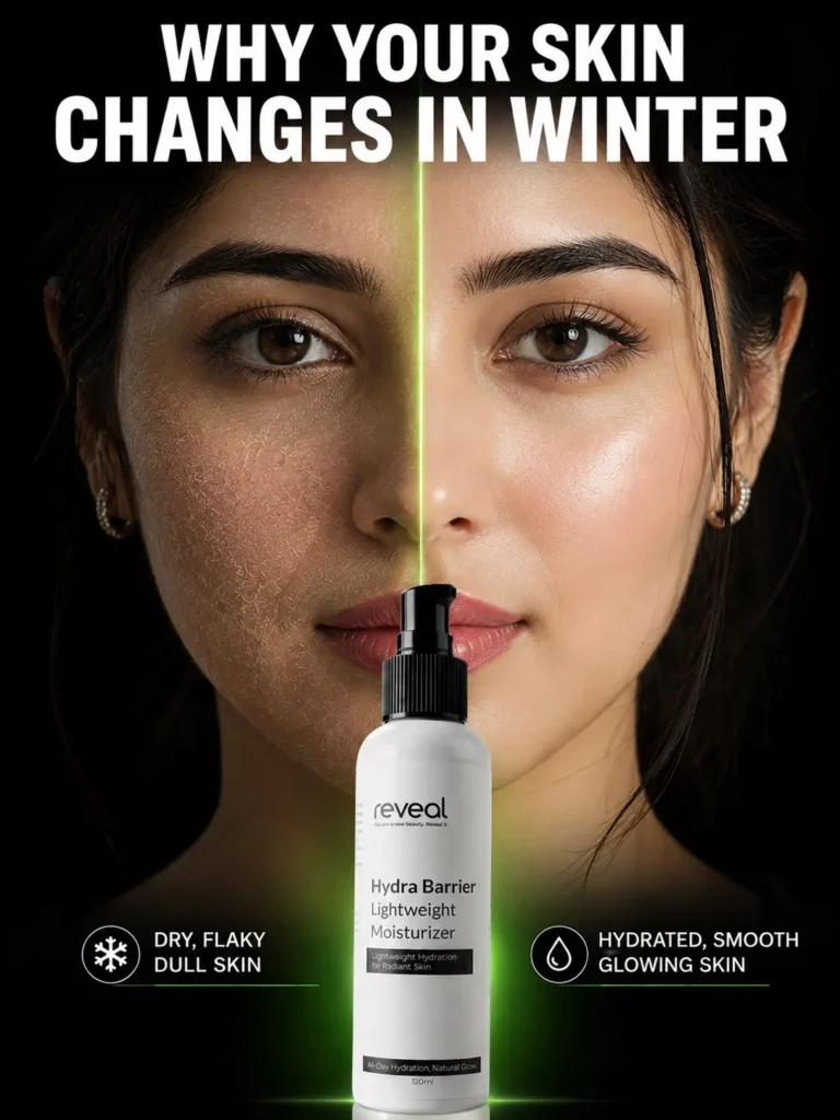 Dry skin in winter Pakistan before and after using Reveal Hydra Barrier for skin barrier repair