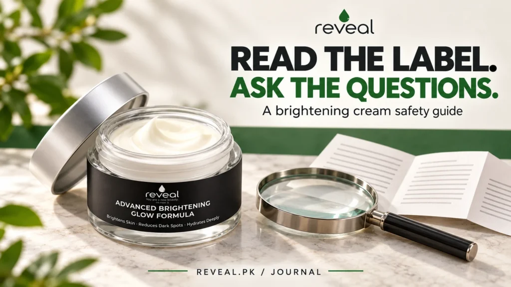 whitening cream steroid mercury check pakistan - Reveal LumiGlow brightening cream beside magnifying glass and ingredient leaflet