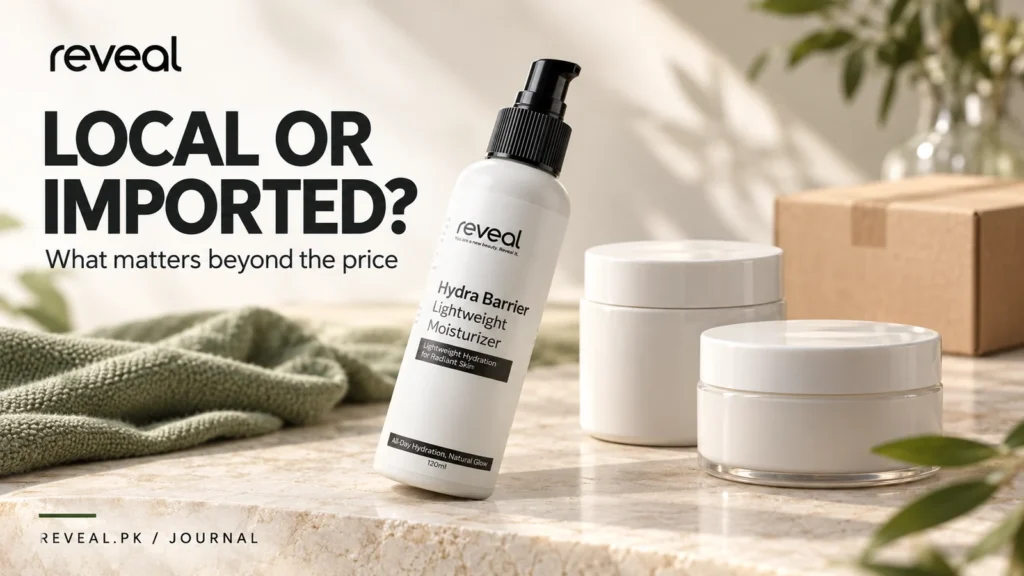 Reveal Hydra Barrier moisturizer beside plain jars for a local versus imported moisturizer comparison in Pakistan.