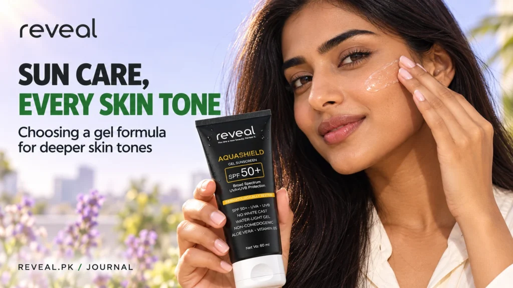 A woman applying clear gel and holding Reveal AquaShield SPF 50+ for a sunscreen guide for deeper skin tones.