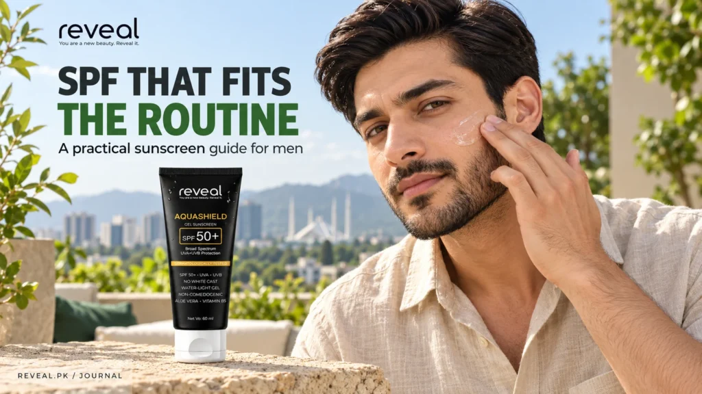 A man applying clear sunscreen gel beside Reveal AquaShield SPF 50+ for a men's sunscreen guide in Pakistan.